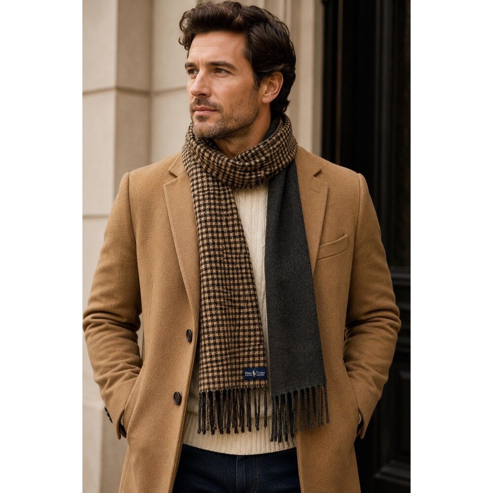 Polo Ralph Lauren Unisex Scarf Lambswool Houndstooth Reversible Italy Brown Pony